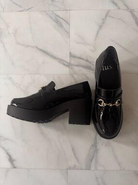 Women's Black Patent Chunky Heel Loafers with Gold Chain Accent